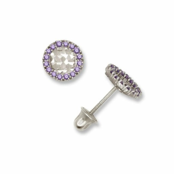 14K Solid White Gold Halo Screw Back Earrings Set With...